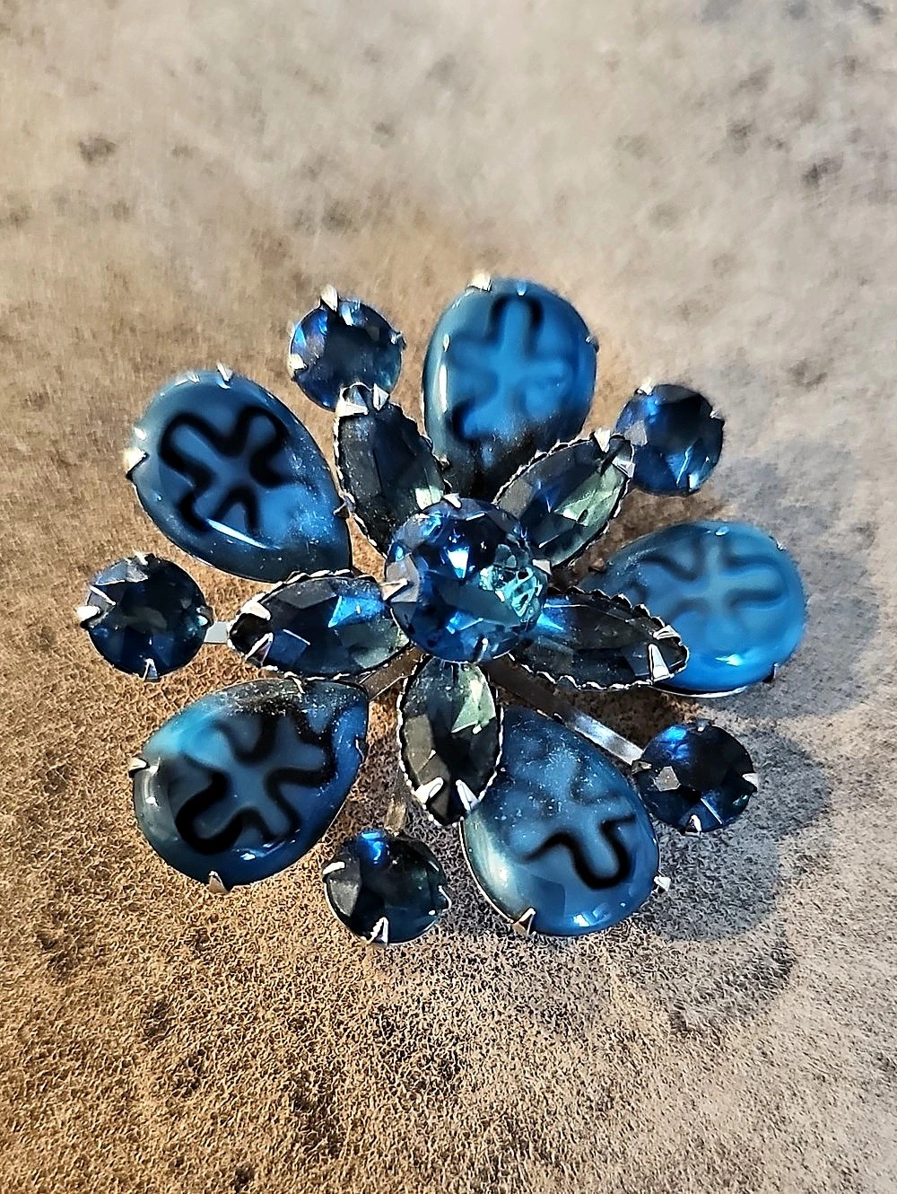 Vintage Blue Floral Rhinestone And Glass Brooch